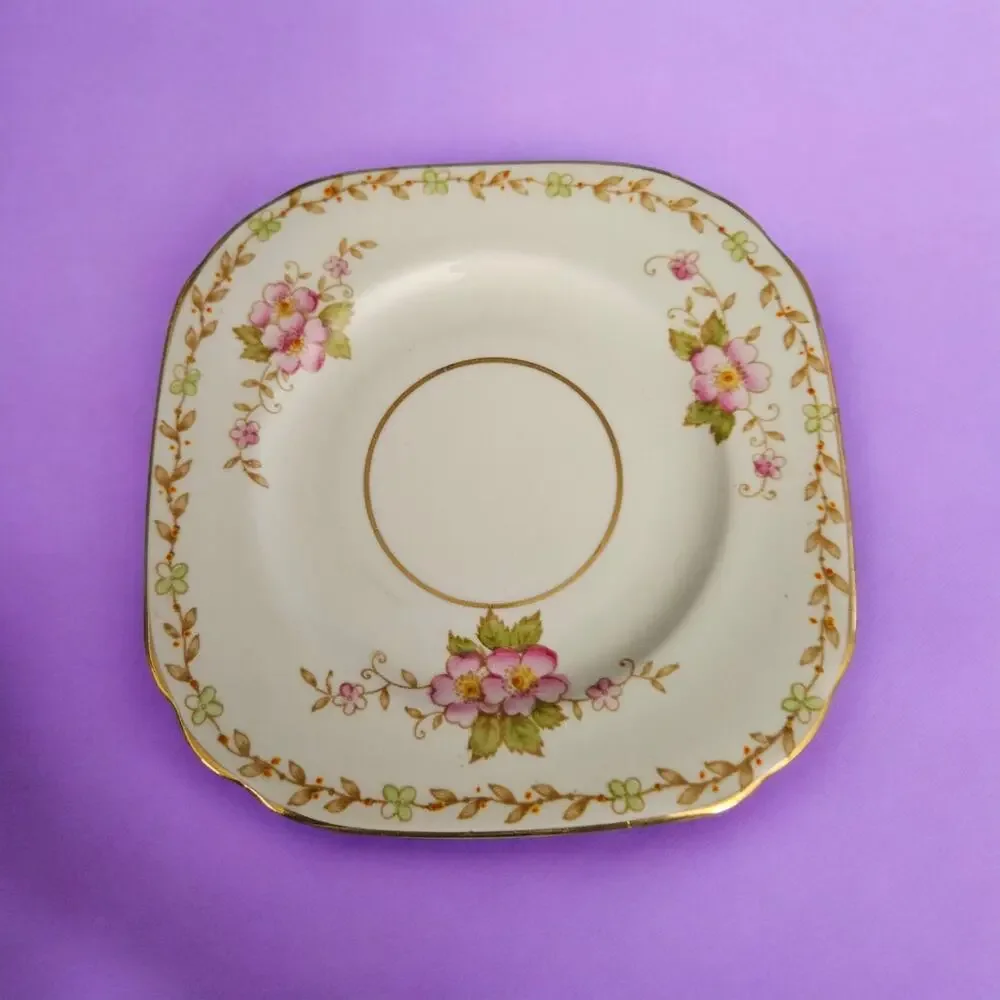 Sutherland China Floral Square Saucer Bone China England Pink Flowers Gold